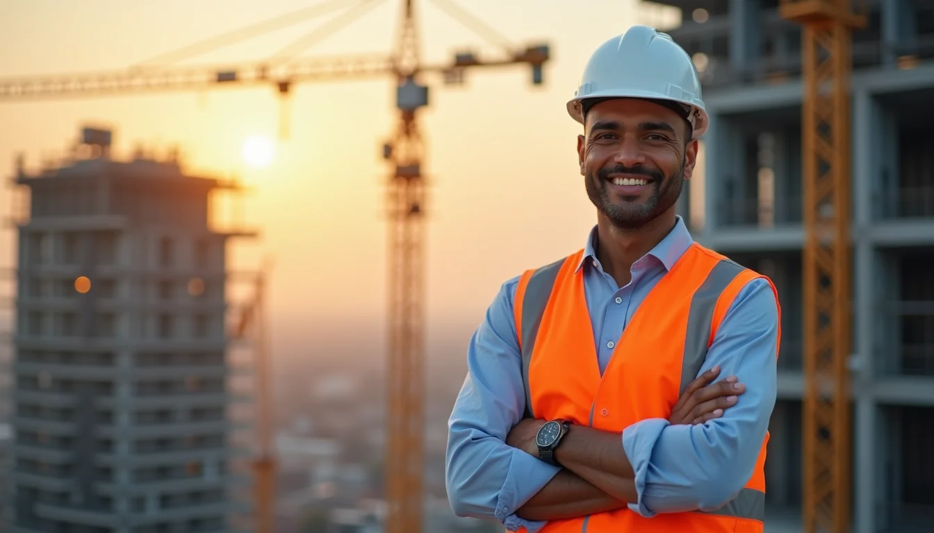 Engenheiro civil de capacete e colete, de braços cruzados, em um canteiro de obras