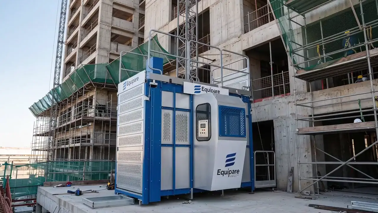 Elevador cremalheira Equipare montado na fachada de um edifício em construção, ao lado do andaime e da tela de proteção