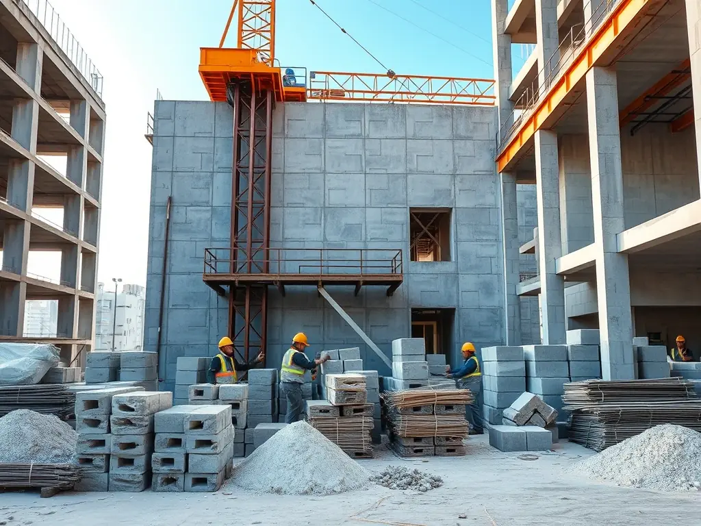 Material de construção na base de um edifício em obra
